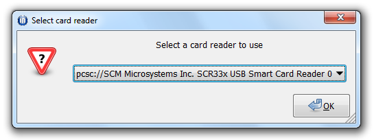 Screen capture showing dialog box prompting user to select a card reader.